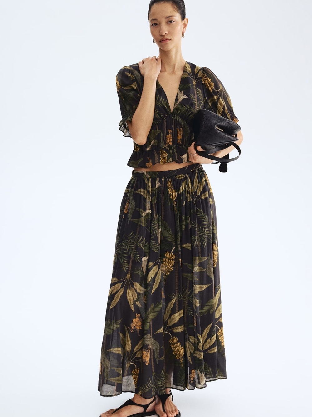 H&M Black Maxi Skirt with Green and Gold Botanical Print